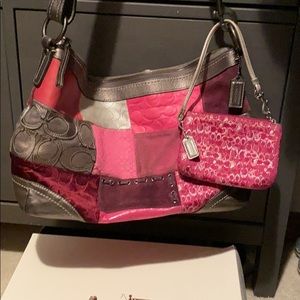 Pewter and pink patchwork coach purse and wristlet